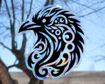 Crow Raven suncatcher, reusable static cling window decoration, translucent prism film, black crow raven aesthetic rainbow sticker glass art