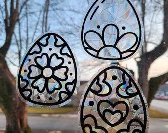 3 Easter Egg suncatchers, reusable static cling window decoration, translucent prism film, cute set of Easter eggs rainbow sticker glass art