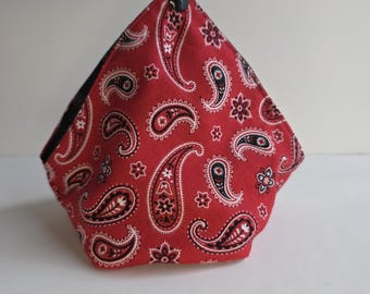 Red bandana bento bag yarn bowl, reusable eco-friendly zero waste dumpling pouch yarn cake keeper, small cotton project bag storage gift bag