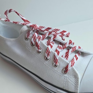 Candy cane shoelaces, Christmas red white stripe footwear accessory, handmade flat cotton laces for sneakers boots shoes, shoestrings gift