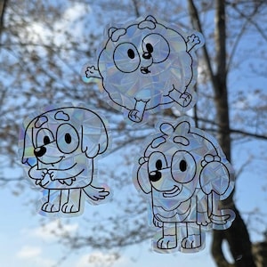 Lila PomPom Missy suncatcher, reusable vinyl window decoration prism static cling vinyl film, bluey bingo friends rainbow cling glass art