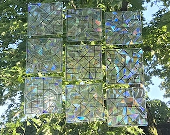 Set of 9 mini quilt block suncatchers #2, reusable static cling window decoration, translucent prism film, quilter rainbow sticker glass art