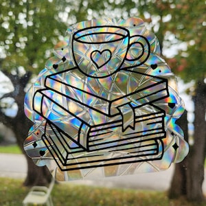 Book lover suncatcher, reusable translucent window decoration, holographic prism static cling, love to read books rainbow glass sticker art