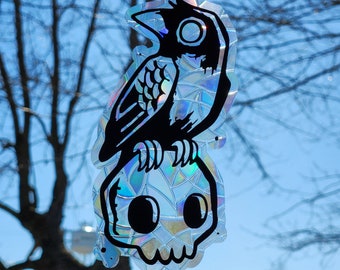 Crow skull suncatcher, reusable static cling window decoration, translucent prism film, cute black raven skull rainbow sticker glass art