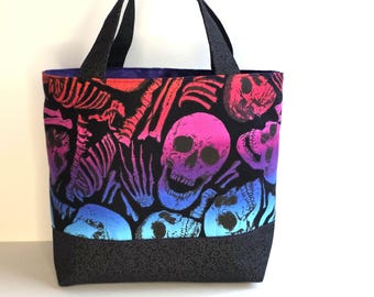 Spooky Skull boat tote bag, sock knitting project bag, small travel tote bag, cool purse black handbag, small carry-on woman's vacation bag