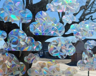 OOPS Cloud window cling set, reusable static cling translucent window decoration, holographic prism vinyl, rainbow sticker faux glass art