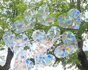 8 funky Heart window clings, reusable translucent window decoration, holographic rainbow prism window vinyl, 8 heart sticker faux glass art