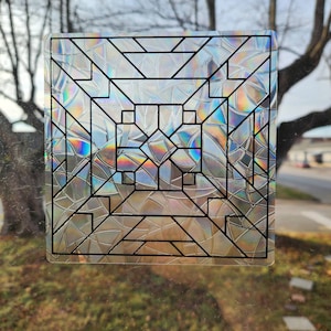 Aztec Steps Quilt Block suncatcher, reusable static cling window decoration, translucent prism film, quilter gift rainbow sticker glass art