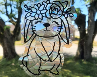 Spring bunny suncatcher, reusable static cling window decoration, translucent prism film, forest friend rabbit rainbow sticker glass art