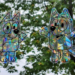 Bingo suncatcher, reusable vinyl window decoration prism static cling vinyl film, bluey bingo sister dog rainbow cling faux glass art