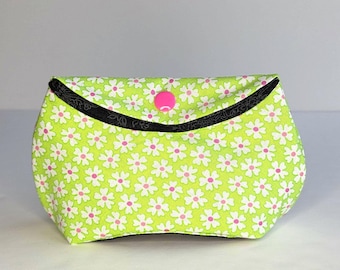 Small Lime cotton wallet, handmade sturdy everyday use, women's purse wallet with flap, green with flowers lightweight clutch w/ button snap