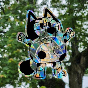 Muffin suncatcher, reusable vinyl window decoration prism static cling vinyl film, blue-y muffin cousin dog rainbow cling faux glass art