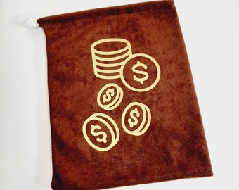 Gold coin dice bag, Brown Velour drawstring jewelry pouch, tabletop gaming accessory, tarot cards runes fortune teller, nerdy DND gamer gift