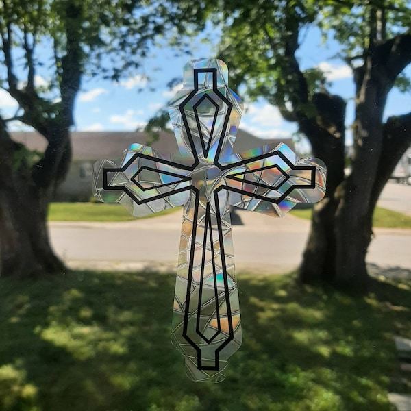 Cross suncatcher, reusable static cling window decor, translucent prism window film, decorative cross rainbow sticker glass art