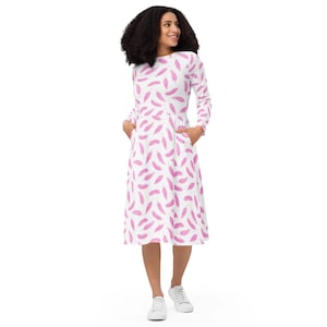 Soft Pink Feather Pattern – Seamless Pastel Boho Design | All-over print long sleeve midi dress