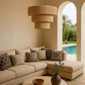 Natural raffia pendant light with three tiers, handmade Moroccan boho chic lighting fixture, waterfall lampshade