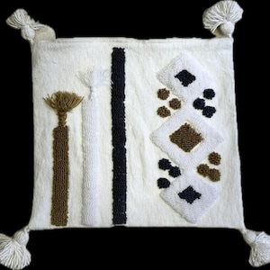 Moroccan hand-woven cotton cushion with pompoms and raised Berber motifs, boho chic ecru brown blue cushion cover