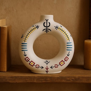 May include: White ceramic vase with a ring shape and geometric patterns in yellow, blue, red, and black. The vase is on a wooden shelf.