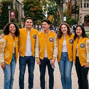 Peut inclure: Quatre personnes portant des vestes universitaires assorties jaune et crème avec des écussons en forme de lion sur la poitrine et des chiffres sur les manches. Les vestes ont des boutons-pression, des cols côtelés, des jeans bleus ou pantalons noirs.