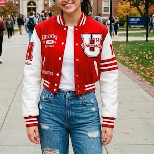 Cropped Varsity Letterman Jacket For Women Handmade Bomber Coat  Custom Chenille Patches & Embroidered  Bulk Order Gift For Her