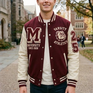 May include: A maroon and cream varsity jacket. The jacket has the letter "M" and the words "University Since 1928" on the front. It also features a bulldog graphic and the number "25". The sleeves are cream-colored with striped cuffs.