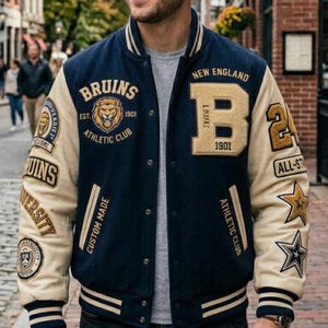 Chaqueta bomber universitaria, parche de chenilla personalizado bordado, chaqueta universitaria hecha a mano, ropa urbana, regalo para él, pedido al por mayor