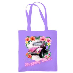 Shopping Queen tote bag with VW Beetle & flowers | Jute bag with retro car motif | Fabric bag for women | Gift idea with a vintage look
