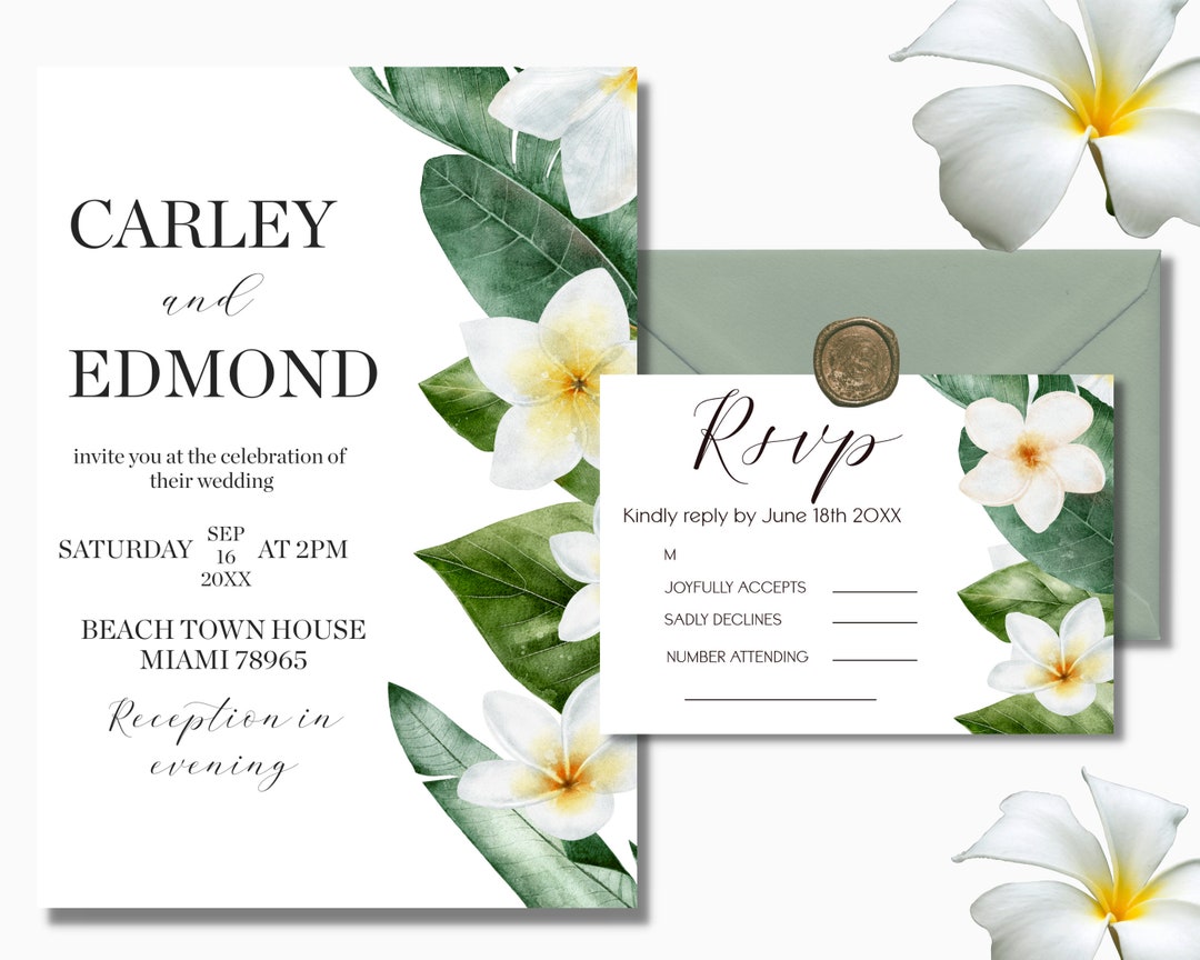 Plumeria Wedding Invitation Template, Watercolor Flower Printable With RSVP Card - Etsy