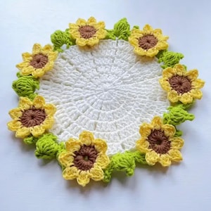 Padrão de crochê para porta-copos de girassol em PDF – Tapete floral brilhante para canecas, Projeto fácil de crochê para o verão, Ideia fofa para presente, Tutorial para iniciantes