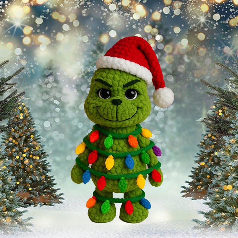 May include: A green crocheted character wearing a red and white Santa hat and a string of colorful Christmas lights. The character has a smiling face and is standing in front of a blurred winter background with Christmas trees.