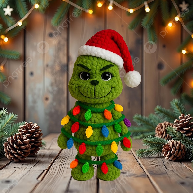 May include: A green crocheted Grinch doll wearing a red and white Santa hat and a string of colorful Christmas lights. The Grinch has a smiling face and is standing on a wooden surface, with pinecones and Christmas tree branches in the background.
