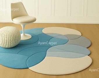Modern Abstract Round Rug, Blue & Cream Layered Design | Handmade Contemporary Carpet by AyanCarpet