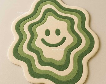 Handmade Wavy Smiley Face Wool Rug, Groovy Green Aesthetic Carpet, Funky Retro Vibes Decor – Ayan Carpet