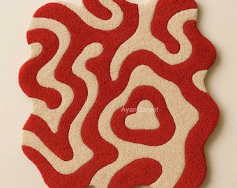 Handmade Wool Rug – Groovy Wavy Abstract Carpet, Red & Beige Tufted Rug, Irregular Funky Shape for Modern Boho Decor