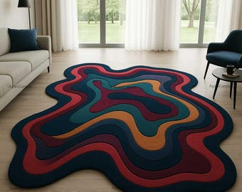 Amoeba Shaped Area Rug, Colorful Abstract Modern Carpet, Handmade Wavy Rug for Living Room or Bedroom Decor