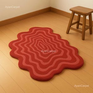 Wavy Abstract Hand-Tufted Wool Rug, Modern Red Ripple Design, Custom Shape Carpet for Living Room or Bedroom, Ayan Carpet