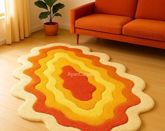 Handmade Retro Wavy Rug – Colorful Tufted Carpet in Sunset Tones | Funky Vintage-Inspired Floor Rugs for Bedroom