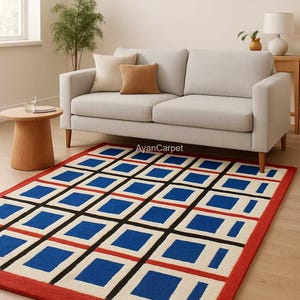 Modern Geometric Wool Rug - Hand-Tufted Red Blue Cream Area Carpet for Living Room | Mid-Century Style Handmade Rug by AyanCarpet
