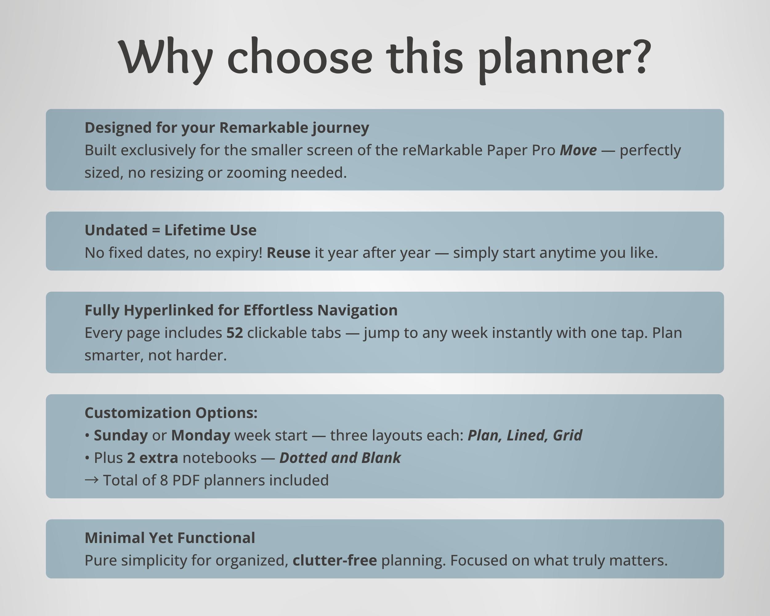 ADHD Weekly Planner for Remarkable Pro Move: Undated Minimal Reuseable ...