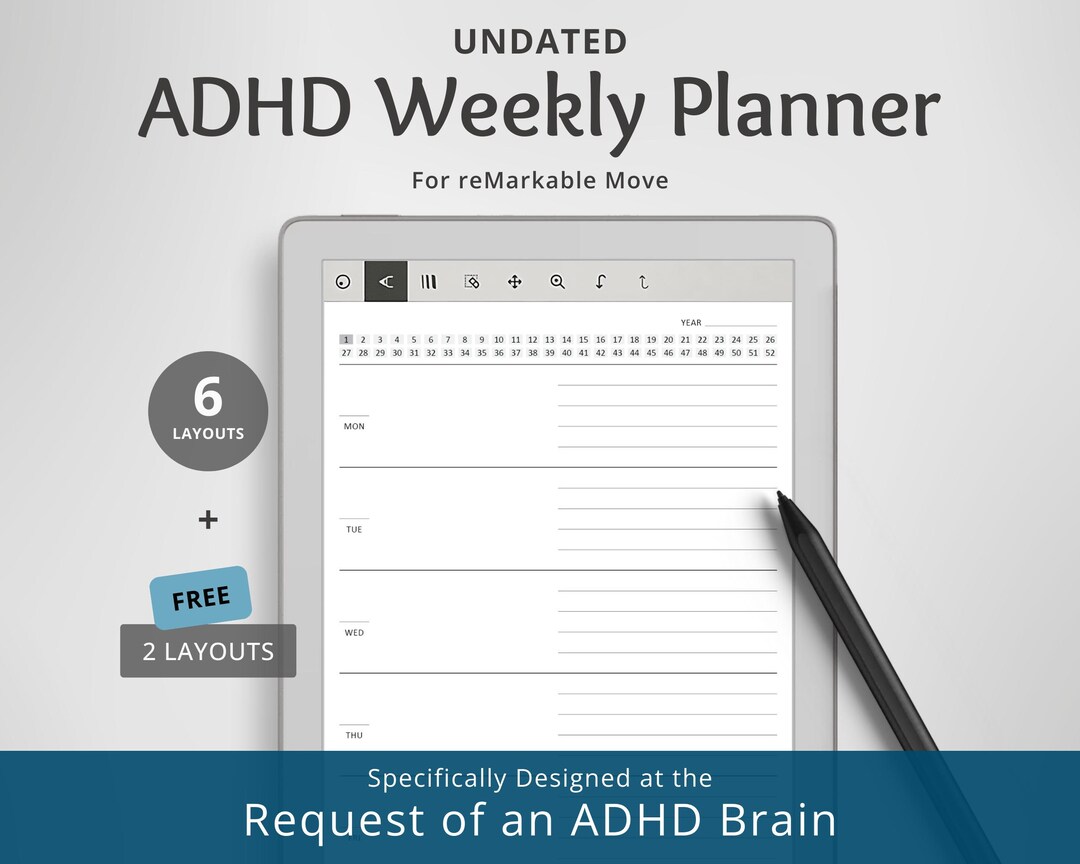 ADHD Weekly Planner for Remarkable Pro Move: Undated Minimal Reuseable ...