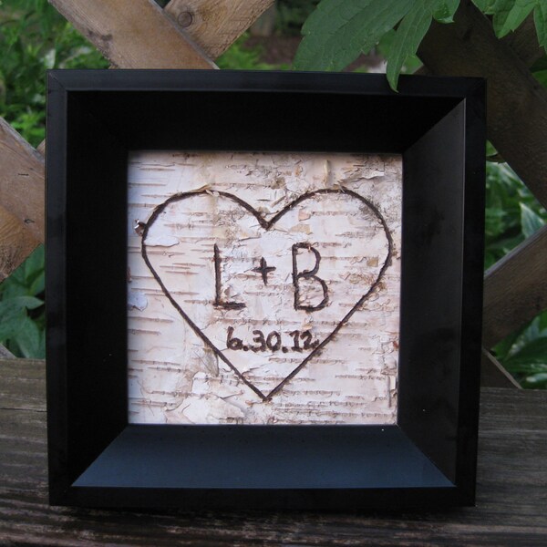 Personalized Birch Tree  Bark Engraving  in  Black Frame - Wedding Gift- Anniversary - Valentines Day