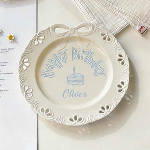 Custom Happy Birthday Plate, Kids Keepsake Plate, Bow Openwork Plate, Family Birthday Cake Plate, Birthday Plate For Child