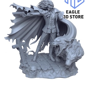 Peut inclure: Figurine grise imprimée en 3D d'un personnage de Hellsing, tenant une arme et portant une cape. La figurine est sur une base en pierre avec un loup hurlant et des crânes. Dimensions : H28,51cm, L29,90cm, l24,82cm. Le texte "Hellsing" est visible.