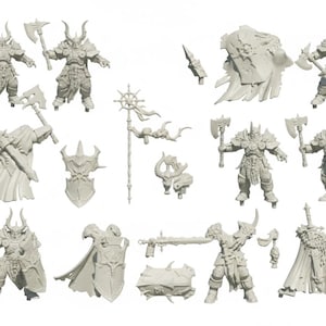 May include: A collection of unpainted miniature figurines of fantasy warriors. The figures include armored characters with horned helmets, axes, shields, and capes. Some figures are posed with weapons, while others are standing.