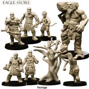 May include: A collection of unpainted miniature fantasy figures, including warriors, a giant, and a tree-like creature. The figures are on black bases and are in various action poses, with weapons and armor. The text "Package" is visible.