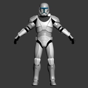 May include: A white, armored figure with a blue visor helmet. The figure is standing with arms outstretched, resembling a soldier or action figure.