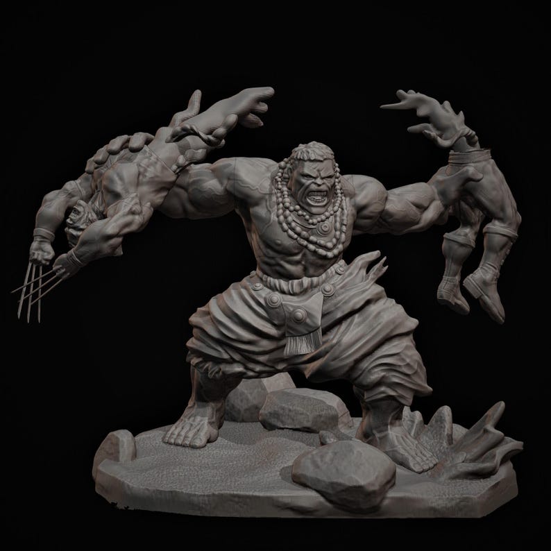 May include: A gray sculpture of a muscular figure, adorned with a beaded necklace and draped clothing, holding two other figures. One figure has claws extended. The sculpture is on a rocky base, with a dark background.
