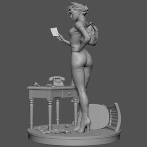 May include: A gray sculpture of a woman in a bodysuit, high heels, and a backpack, holding a note. A desk with a rotary phone and a revolver are nearby. A chair is on the ground. The sculpture is on a round base.