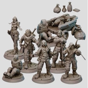 May include: A set of nine painted miniature figures, including a hooded figure, a woman with a sword, a man with a beard, a man with a mask, a woman with a sword, a man with a bow and arrow, a man with a rope, a cart, and a bag.