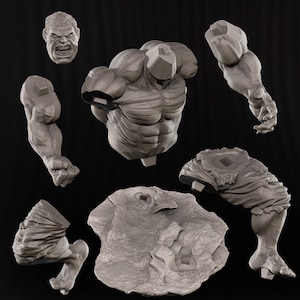 K&ouml;nnte beinhalten: Eine Sammlung grauer, unbemalter 3D-gedruckter Hulk-Figurenteile, darunter Kopf, Torso, Arme und Beine. Die Teile sind auf schwarzem Hintergrund angeordnet und zeigen die detaillierte Muskulatur und das Design der Figur.